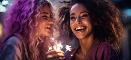 AI generated two female friends holding a sparkler and smiling photo