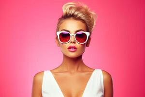 AI generated young pretty woman on pink background with sunglasses beauty photo
