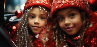 ai generado dos joven muchachas en rojo disfraces sentado en un coche con Navidad decoraciones foto