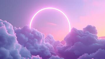 AI generated Horizontal background of simple puffy light purple clouds with a neon circle in the center. High-resolution. AI Generative photo