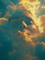 AI generated Cinematic photo brightly colors a woman's face inside clouds. High-resolution. AI Generative