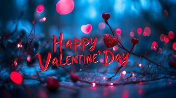 AI generated Happy Valentine's day words with a red neon line on a beautiful blue evening background. High-resolution. AI Generative photo