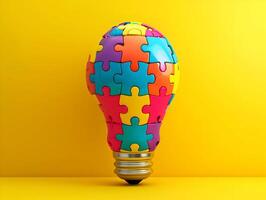 AI generated Light bulbs made of colorful puzzle pieces on the yellow background. High-resolution. AI Generative photo