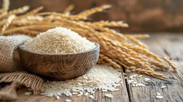 AI generated Long grain rice in a wooden bowl. White rice spills out on the wooden table. Food photo, light natural colors. High quality. AI Generative photo