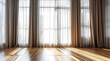 AI generated Brown and white curtains in the modern horizontal composition of the room. Sunny day in the room. High quality. AI Generative photo