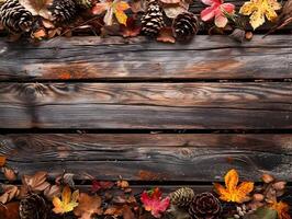 AI generated Rustic wooden board background with autumn attributes. AI Generative photo