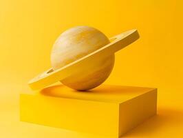 AI generated A model of a planet resting on a yellow background on the postament. High-resolution. AI Generative photo