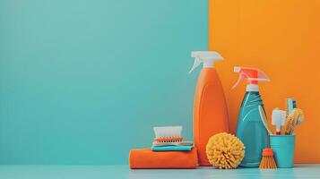 AI generated Housekeeping supplies minimal concept orange and blue colors. Cleaner and different brushes. High-resolution. AI Generative photo