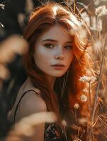 AI generated Beautiful photo of the ginger woman in a sun lights. High-resolution. AI Generative