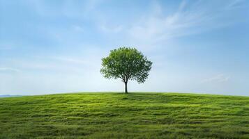 ai generado uno árbol en un amplio césped llanura con un azul ligero cielo. un hermosa paisaje. alta resolución. ai generativo foto