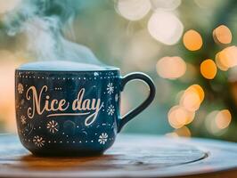 AI generated A blue cup with the text Nice day Cozy warm tea High resolution. AI Generative photo