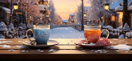 AI generated two coffee glasses are leaning against a wooden bench, facing the snow photo