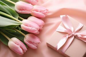 ai generado san valentin día regalos en un rosado escritorio rosado cinta y tulipanes foto