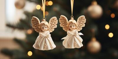 ai generado dos ángel adornos colgando desde un Navidad árbol, foto