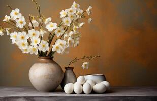 AI generated white eggs with daffodils and flowers on wooden table photo