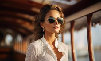 ai generado un hermosa dama es vistiendo Gafas de sol en pie en el cubierta de un bote, foto