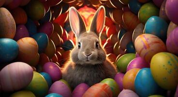 AI generated a bunny sitting in colorful eggs surrounding him photo