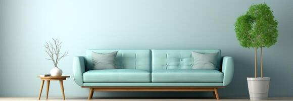 ai generado un azul sofá y un de madera mesa, foto
