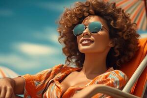 ai generado mujer vistiendo Gafas de sol en cubierta sillas a el playa foto