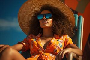 ai generado mujer vistiendo Gafas de sol en cubierta sillas a el playa foto