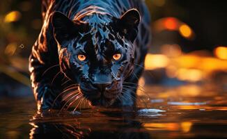 AI generated a black panther is walking in water and looks into the camera photo