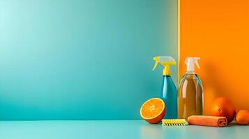 AI generated Housekeeping supplies minimal concept orange and blue colors. Cleaner and different brushes. High-resolution. AI Generative photo