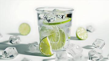 AI generated A hyper-realistic photo of a plastic cup with soda, ice cubes, and slices of lime on a white background. High quality