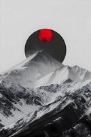 AI generated Snowy mountains surrounded by symmetry in the center black, white, and red colors. Stylish landscape postcard. High-resolution. AI Generative photo