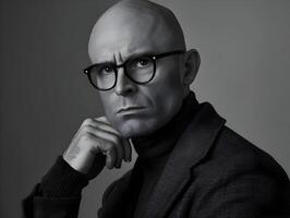 AI generated A bald man in specs minimalism. Stylish businessman black and white photo watching into the camera. High-resolution. AI Generative