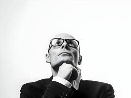 AI generated A bald man looking up isolated on a white background. Businessman wearing specs. Thinking person. High quality. AI Generative photo