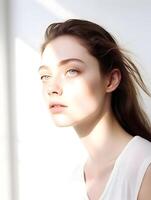 AI generated Beautiful 20 years woman with clean skin in sunlight, and skin care. High-resolution. AI Generative photo