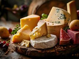 AI generated Commercial food photo of different types of cheese on wooden board. High-resolution. AI Generative