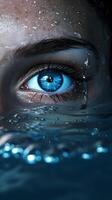 AI generated Blue female eyes look out of the water. Close-up woman portrait. High quality. AI Generative photo