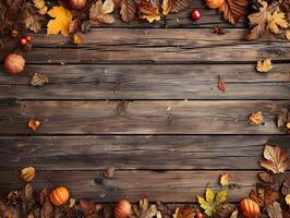 AI generated Rustic wooden board background with autumn attributes. AI Generative photo