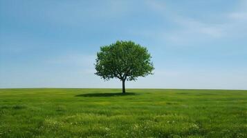 ai generado uno árbol en un amplio césped llanura con un azul ligero cielo. un hermosa paisaje brillante soleado día. alta resolución. ai generativo foto