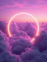 AI generated Vertical background of simple puffy deep purple and pink clouds with a neon circle in the center. High-resolution. AI Generative photo