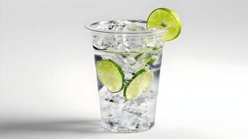 AI generated A hyper-realistic photo of a plastic cup with soda, ice cubes, and slices of lime isolated on a white background. High quality