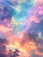 AI generated Assorted intensely iridescent rainbow-chromed clouds with sunbeams in the colors of the rainbow. High-resolution. AI Generative photo