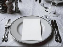 AI generated Cinematic elegant dinner set with mock-up white list on the plate. High quality. AI Generative photo