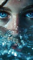 AI generated Blue female eyes look out of the water. Close-up woman portrait. High quality. AI Generative photo