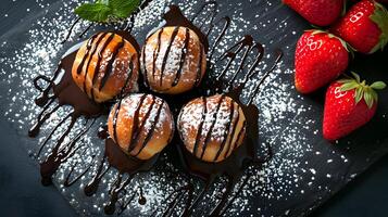 AI generated Top view food photo of dough balls with chocolate and strawberries. High-resolution. AI Generative