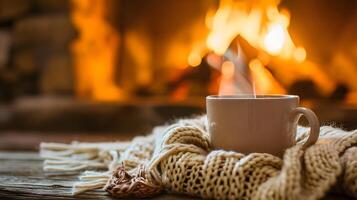 AI generated A winter cozy evening with tea in a transparent mug near by the fireplace. High-resolution. AI Generative photo