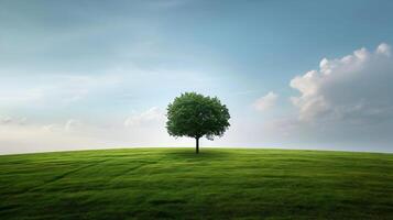 ai generado uno árbol en un amplio césped llanura con un azul ligero cielo. un hermosa paisaje. alta resolución. ai generativo foto