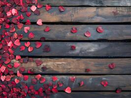 AI generated Wooden board background with red wooden hearts laying gradient from left side. High quality. AI Generative photo