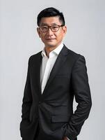 ai generado corporativo imagen foto de asiático hombre en lentes en negro traje aislado. alto calidad. ai generativo