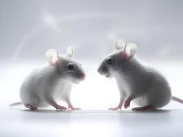 ai generado dos en pie blanco ratones hablando a cada otro en un blanco antecedentes. alta resolución. ai generativo foto