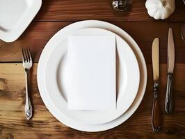 AI generated Cinematic elegant dinner set with mock-up white list on the plate. High quality. AI Generative photo