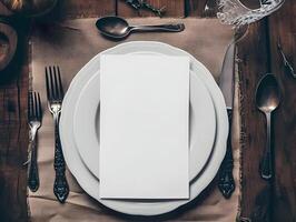 AI generated Cinematic elegant dinner set with mock-up white list on the plate. High quality. AI Generative photo