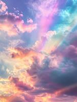 AI generated Assorted intensely iridescent rainbow-chromed clouds with sunbeams in the colors of the rainbow. High-resolution. AI Generative photo