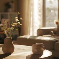 AI generated Shot of the living room. Close up cozy warm photo of flowers on the table. High quality. AI Generative